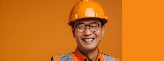 Smiling Asian engineer wearing hardhat and vest in neo pop style against orange backdrop photo