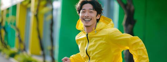 Energetic Hallyu Man Running with Vibrant Expression in Modern Aesthetic photo