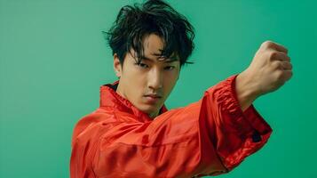Powerful Hallyu Man in Fierce Fighting Pose with Modern Neo Pop Costume on Green Background photo