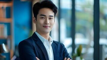 Confident young businessman smiling and looking at in modern office environment photo