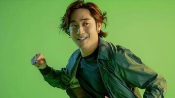 Energetic Hallyu Man in Vibrant Neo Pop Costume Smiling at photo