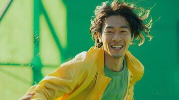 Energetic Hallyu Man in Modern Costume Smiling at the on Green Background photo