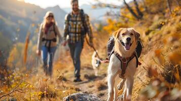 Couple and Their Dog Enjoying Scenic Autumn Hike in the Mountains photo
