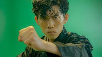 Confident and Charismatic Asian Man in Dynamic Fighting Pose Against Vibrant Green Background photo