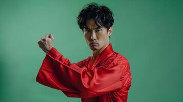 Energetic Asian Man in Neo Pop Inspired Portrait Performing Fist Pump Fighting Pose photo