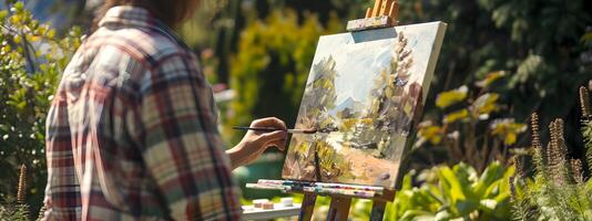 A painter creating a vibrant landscape artwork in a sunny garden setting embracing creativity and nature photo