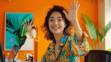 Cheerful Hallyu Woman Waves During Call in Modern Office Setting photo