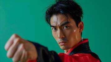 Fiercely Determined Korean Man in Dramatic Fighting Pose Against Green Studio Background photo