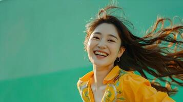 Energetic Hallyu Woman Running Joyfully on Green Screen photo