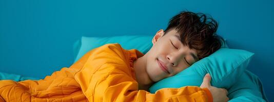 Sleeping Hallyu Man Wearing Modern Costume with Neo Pop Sensibility on Blue Background photo