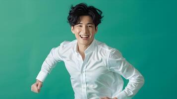 Smiling Hallyu Man Running and Looking at in Modern Neo Pop Style photo