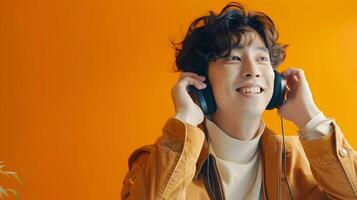 Smiling Hallyu Man Listening to Music in Modern Neo Pop Styled Commercial Portrait photo