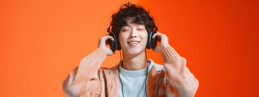Smiling Hallyu Man Listening to Music in Modern Pop Sensibility Style photo
