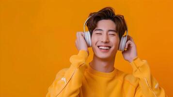 Smiling Hallyu Man Listening to Music in Neo Pop Style with Orange Background photo