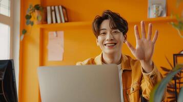 Smiling Hallyu Man Waves During Modern Office Call With Vibrant Neo Pop Style photo