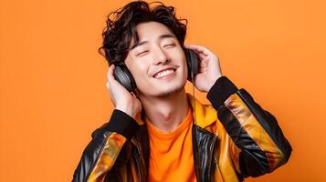 Smiling Hallyu Man Listening to Music in Vibrant Neo Pop Costume photo