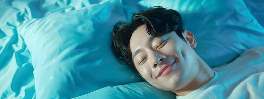 Smiling Hallyu Man Resting in Neo Pop Style Commercial Backdrop photo