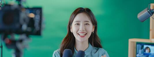 Smiling Hallyu Woman Conducting Remote Online Training in Neo Pop Style for Commercial TV Broadcast photo