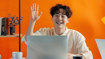 Smiling Hallyu Man Waving During Call in Modern Office with Neo Pop Style photo