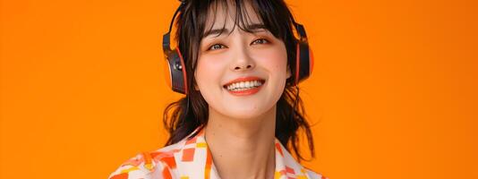 Smiling Hallyu Woman in Colorful Modern Costume Listening to Music photo
