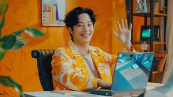 Smiling Man Waving During Call in Modern Office with Neo Pop Aesthetic photo