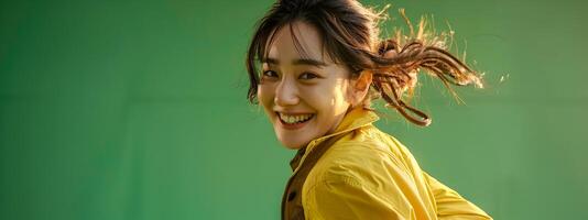sonriente hallyu mujer corriendo con alegre entusiasmo en neo popular disfraz en verde antecedentes foto