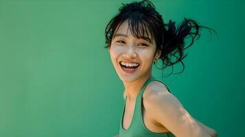Smiling Hallyu Woman Running and Looking at in Modern Costume with Neo Pop Sensibility photo