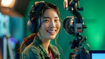 Smiling young Asian woman making online recording for remote training session in neo pop style photo