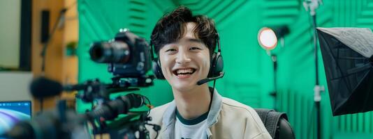 Smiling Young Hallyu Man Making Online Recording with Neo Pop Sensibility and Commercial TV Backdrop photo