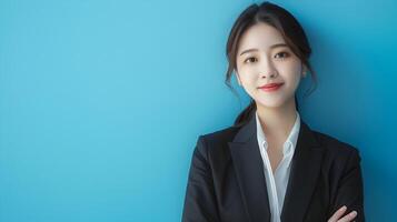 Successful Hallyu Businesswoman in Formal Suit with Confident Smile on Blue Background photo