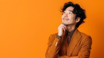 Stylish Hallyu Man in Neo Pop Inspired Portrait on Orange Background photo