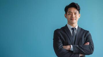 Successful Hallyu Businessman in Suit Smiling Confidently on Blue Background photo