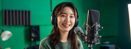 Smiling Young Hallyu Woman Conducting Online Recording and Remote Training with Neo Pop Sensibility on Green Screen photo