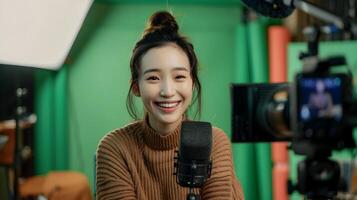 Smiling young Hallyu woman conducting online training or recording content in modern studio setting with green screen photo