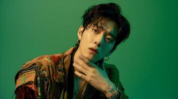 Stylish Young Asian Man Coughing with Hand on Chest in Vivid Green Studio Scene photo