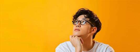 Thoughtful Hallyu Man with Glasses Contemplating an Idea in Modern Neo Pop Costume on Commercial TV Yellow Background photo
