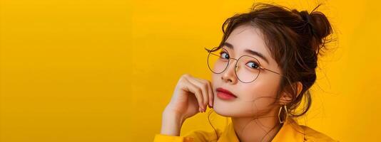 Thoughtful Hallyu Woman in Modern Neo Pop Costume Contemplating an Idea on Yellow Background photo