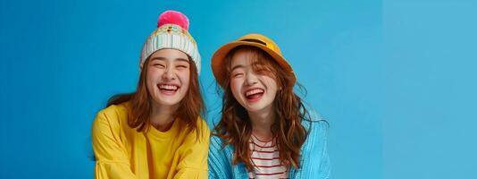 Two Bubbly and Fashionable Hallyu Girls Reveling in the Neo Pop Aesthetic with Vibrant Expressions photo