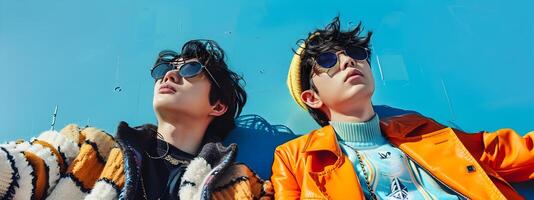Two Happy Hallyu Boys in Modern Costumes Against Blue Neo Pop Background photo
