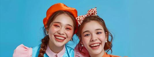 Vibrant Hallyu Girls in Neo Pop Costume Styling Against Blue Background photo