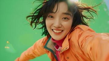 Vibrant Hallyu Woman Running with Joyful Energy in Neo Pop Costume on Colorful Green Screen photo