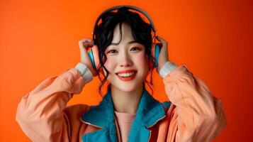 Vibrant Portrait of Smiling Asian Woman Listening to Music in Neo Pop Style photo