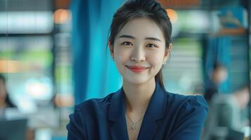 Young Confident Asian Businesswoman Smiling at in Corporate Office Setting photo