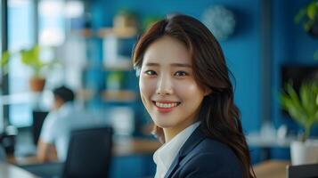 Young Businesswoman Smiling in Modern Blue Toned Office Workspace photo