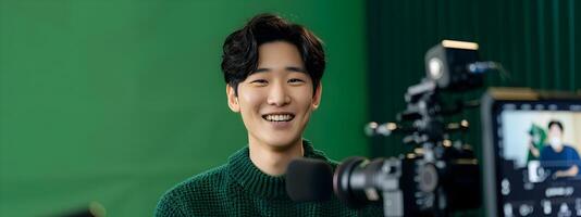 Young Smiling Hallyu Man Conducting Remote Online Recording or Training Session with Commercial TV style Aesthetic photo