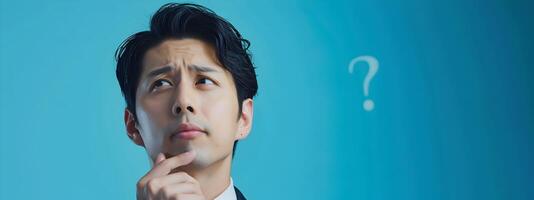 Asian Business Professional Pondering with Question Mark on Blue Background photo