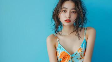 Alluring Asian Woman in Trendy Attire Against Vibrant Blue Background photo
