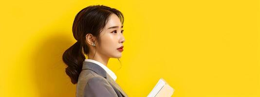 Ambitious Asian Businesswoman Studying on Vibrant Yellow Background photo