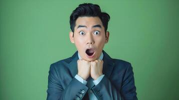 Amazed Asian Businessman in Formal Attire on Green Studio Background photo