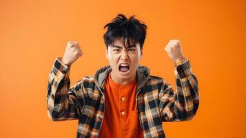 Angry Asian Hallyu Boy in Modern Neo Pop Styled Portrait on Orange Background photo